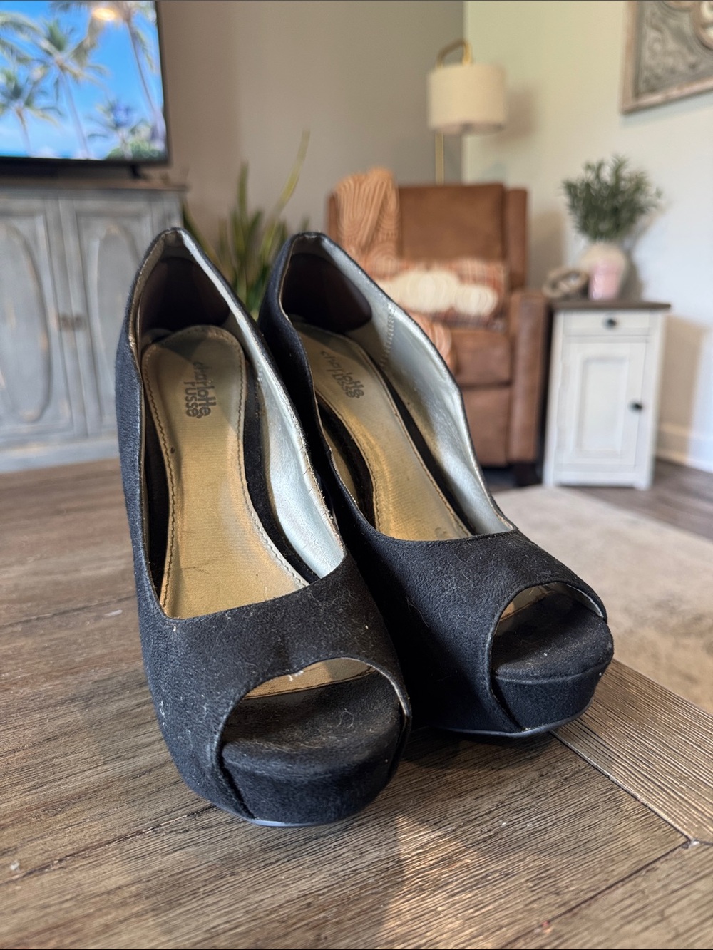 Charlotte Russe Black Suede Peep-Toe Platform Heels